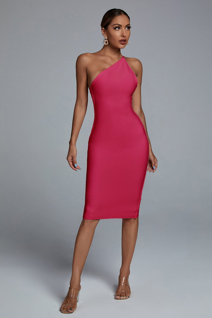 Janan One Shoulder Midi Bandage Dress - Hot Pink - sarahselena