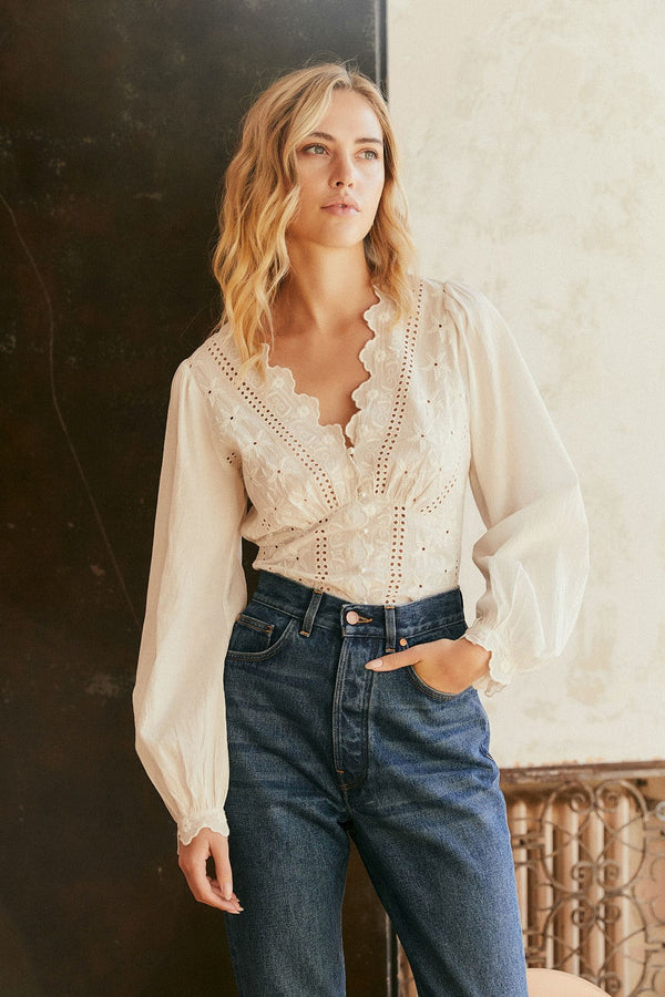 Lace Broderie anglaise Long Sleeve V-neck Buttoned Blouse