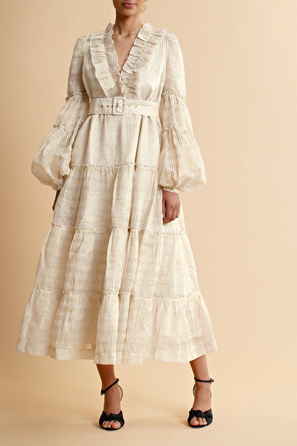 Lace Puff Long Sleeve Belted Tiered Ruffle Hem Midi Dress