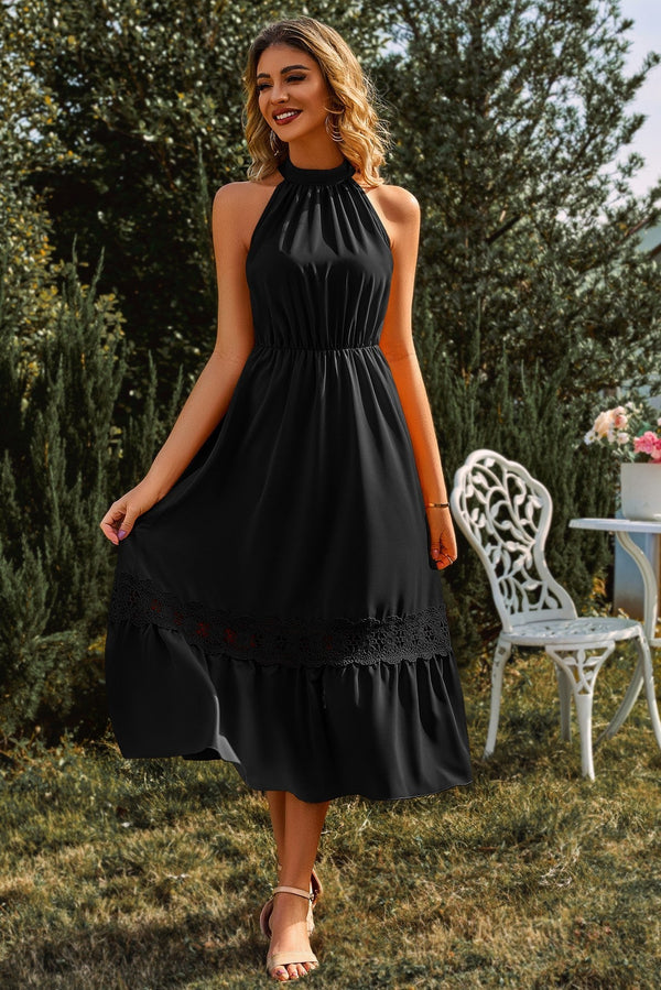 Mid-high Collar Sleeveless Lace Hem Trim Midi Dress Black