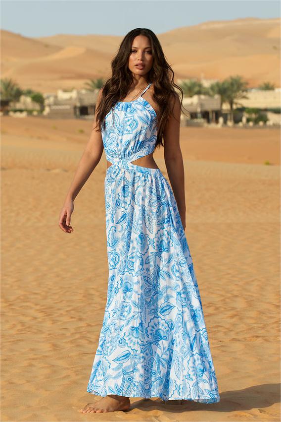 Printed Halter Backless Lace Up Maxi Dress