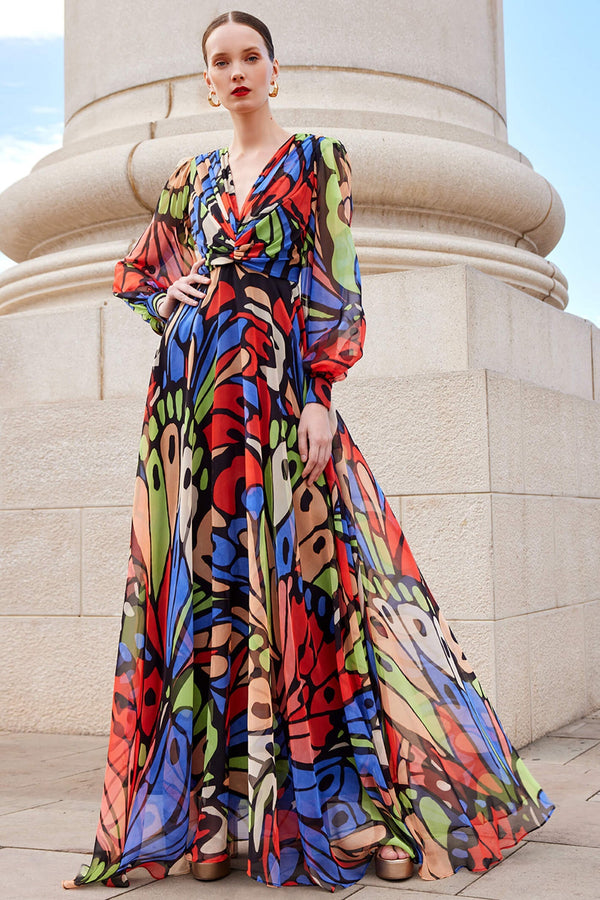 Printed Long Sleeve V-Neck Maxi Dress