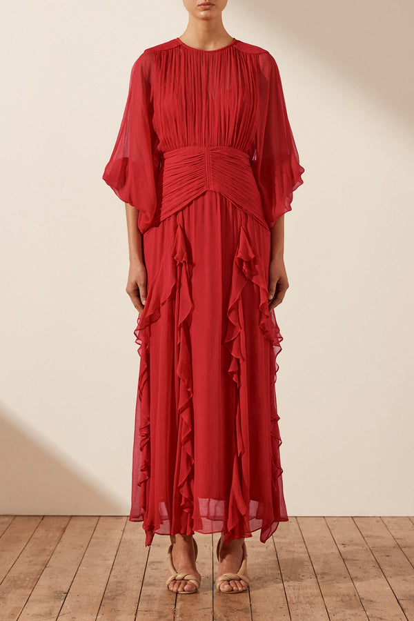 Tiered Ruffle Hem Puff Long Sleeve Asymmetric Hem Maxi Dress Red