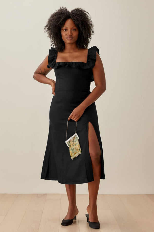 Ruffle Hem Square Collar Slit Midi Dress Black