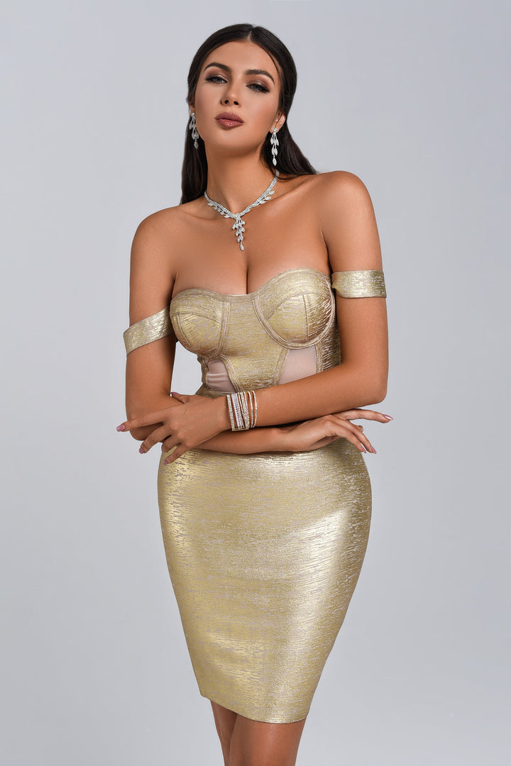 Sakari Off Shoulder Metallic Cocktail Dress - Gold - sarahselena