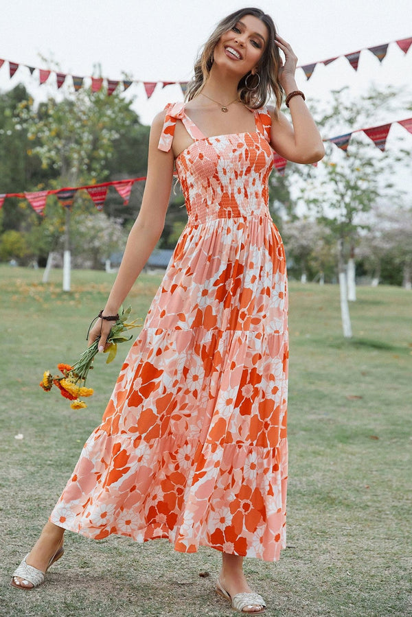 Square Collar Cami Ruched Floral Maxi Dress