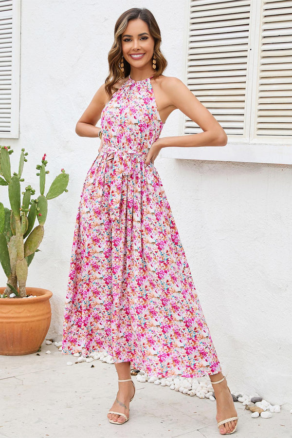 Floral Halterneck Lace-Up Midi Dress