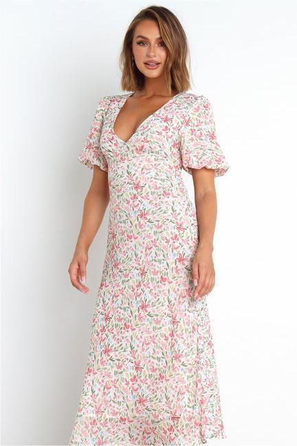 Sweet Print V-Neck Bubble Sleeve Backless Lace-Up A-Line Dress