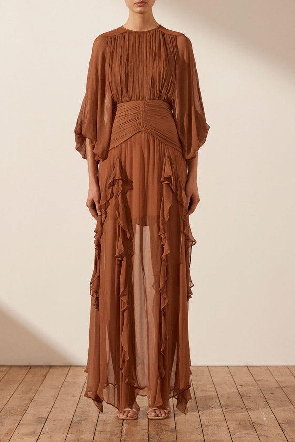 Tiered Ruffle Hem Puff Long Sleeve Asymmetric Hem Maxi Dress Brown