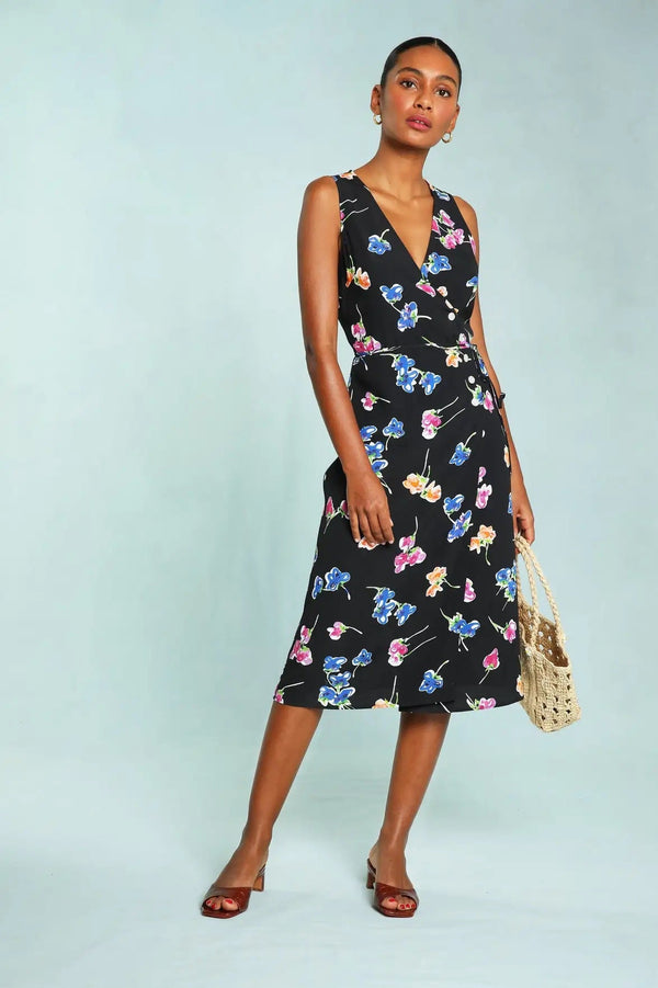 Cami V-neck Print Midi Dress Black