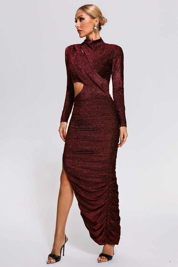 Kerlin Ruched Cutout Maxi Dress - Red - sarahselena