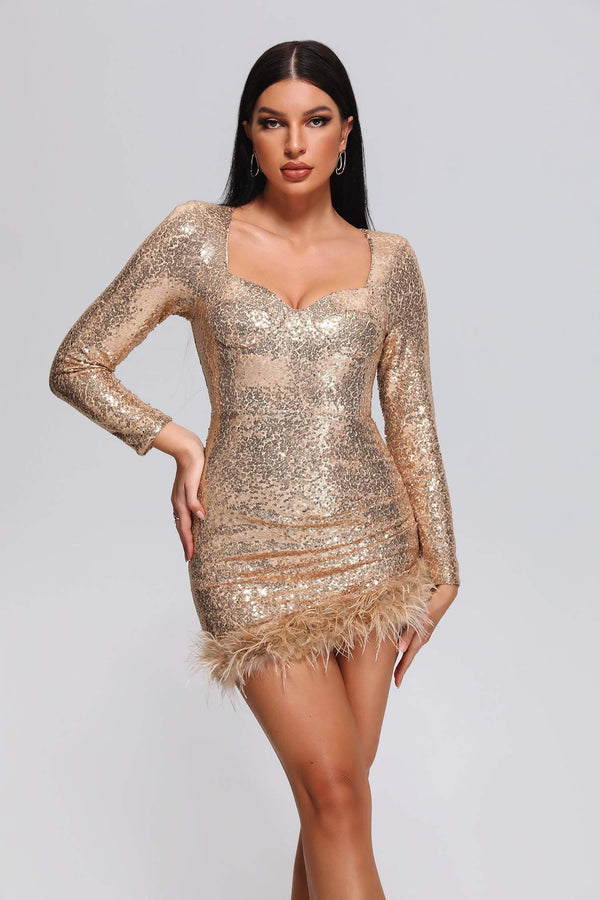 Farrah Feather Sequin Mini Dress - Gold - sarahselena