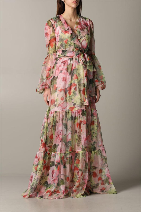 Floral Long Sleeve V-Neck Ruffle Maxi Dress