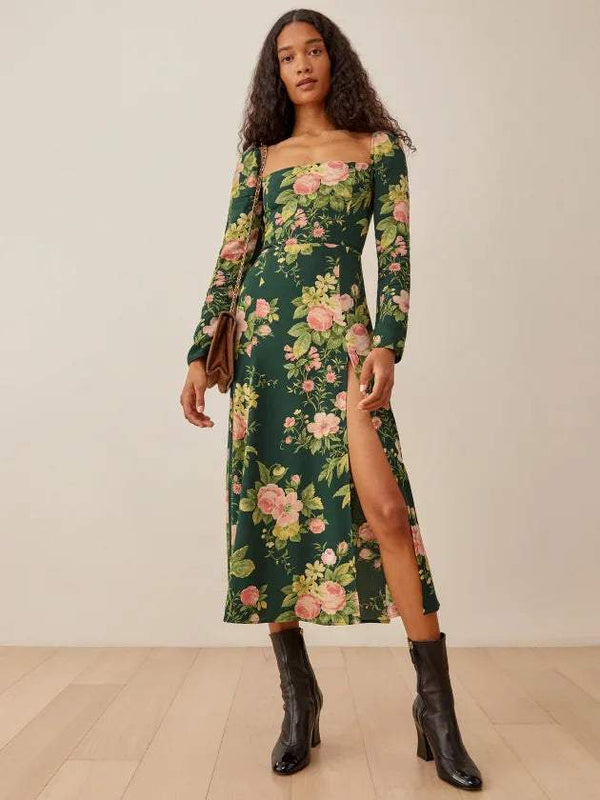 Floral Long Sleeve Square Collar Slit Midi Dress