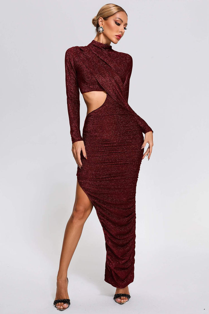 Kerlin Ruched Cutout Maxi Dress - Red - sarahselena