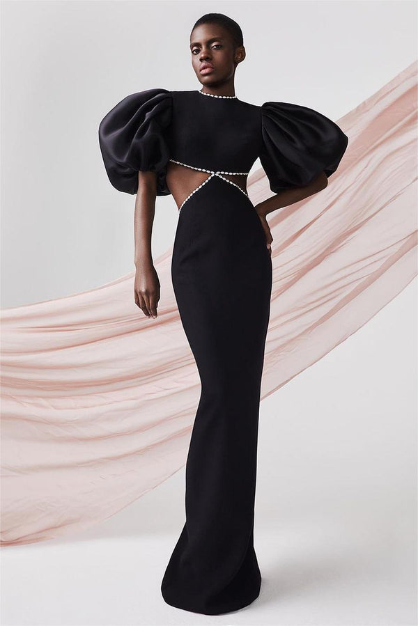 Puff Sleeve Crew Neck Beaded Waistless Slim Maxi Dress