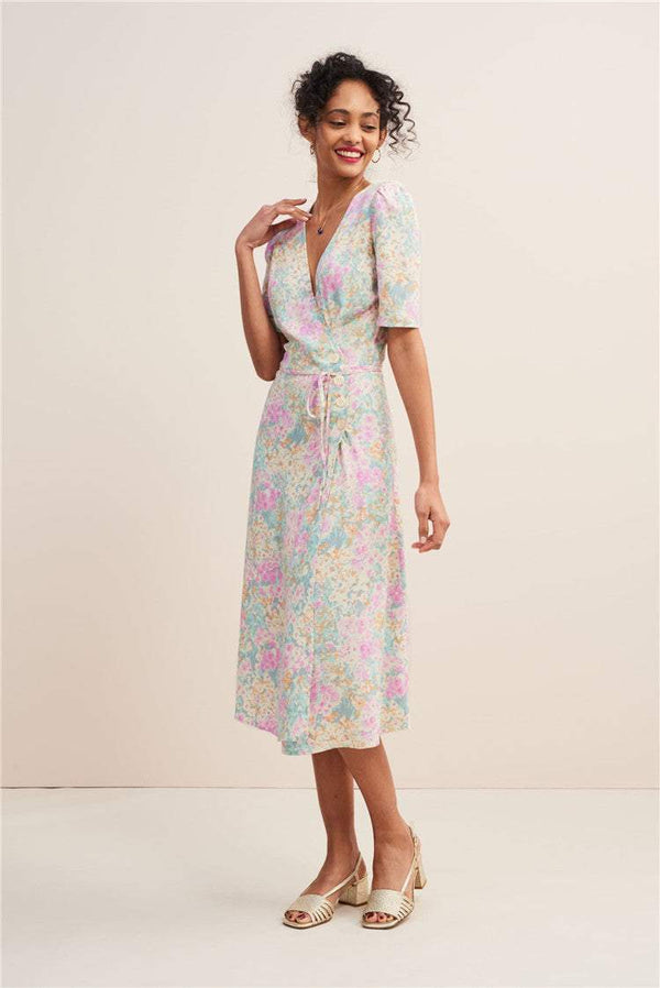 Short Sleeve V-neck Print Midi Dress