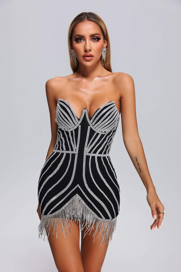 Lola Diamonate Tassel Mini Dress - Black - sarahselena