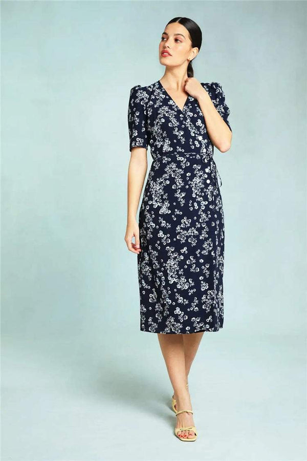 Floral Short Sleeve V-neck Midi Dress