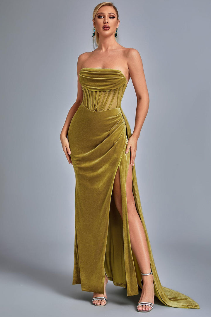 Lamva Corset Velvet Slit Maxi Dress - Yellow - sarahselena