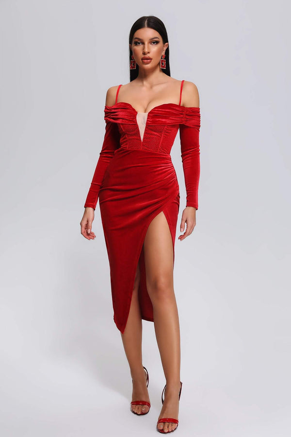 Raanana Off Shoulder Velvet Slit Midi Dress - sarahselena