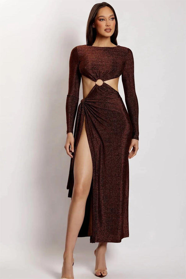 Long Sleeve Cut-Out Slit Slim Midi Dress