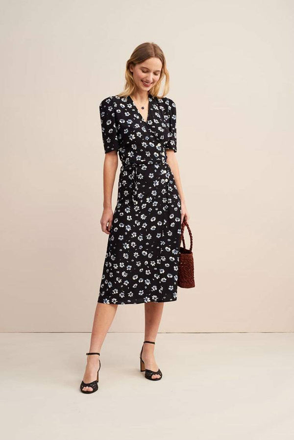 Silk Short Sleeve V-neck Print Midi Dress Blue