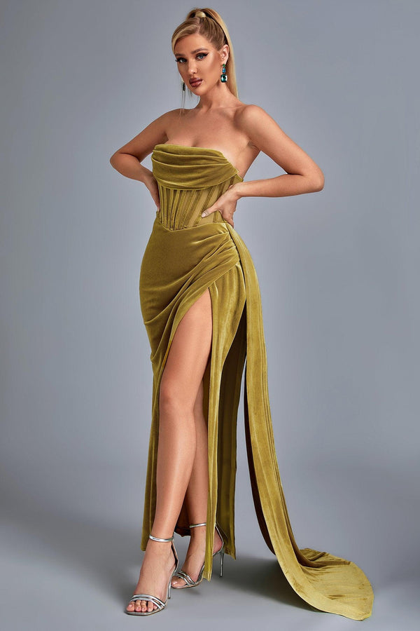 Lamva Corset Velvet Slit Maxi Dress - Yellow - sarahselena