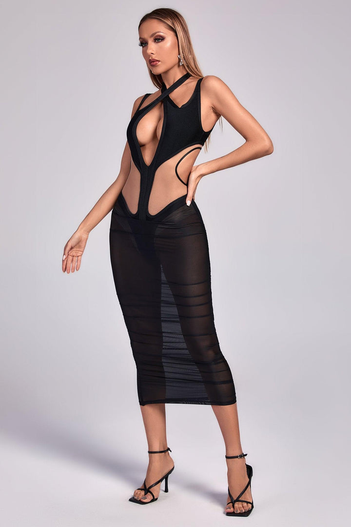 Amalie Cutout Mesh Midi Bandage Dress - sarahselena