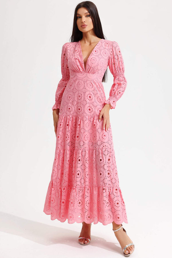 V-Neck Lantern Sleeve Tapered Waist Midi Dress Pink
