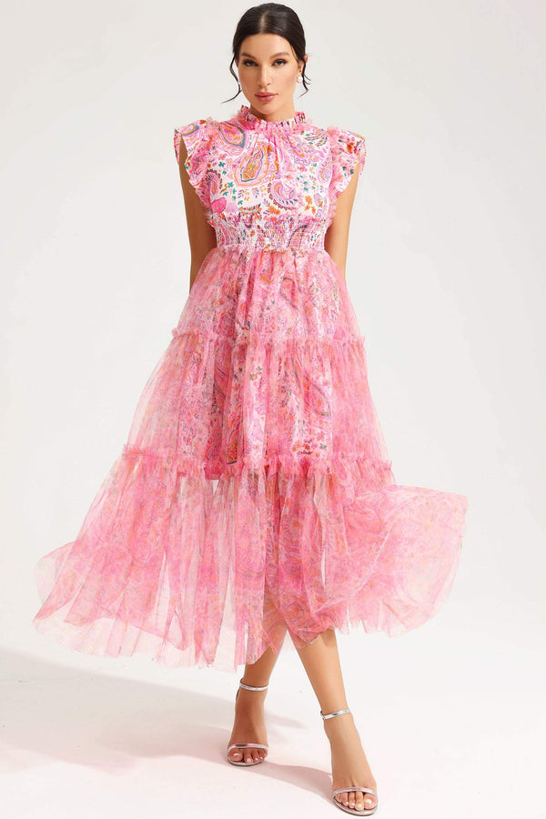 Floral Flutter Sleeve Crew Collar Tapered Waist Midi Dress Pink