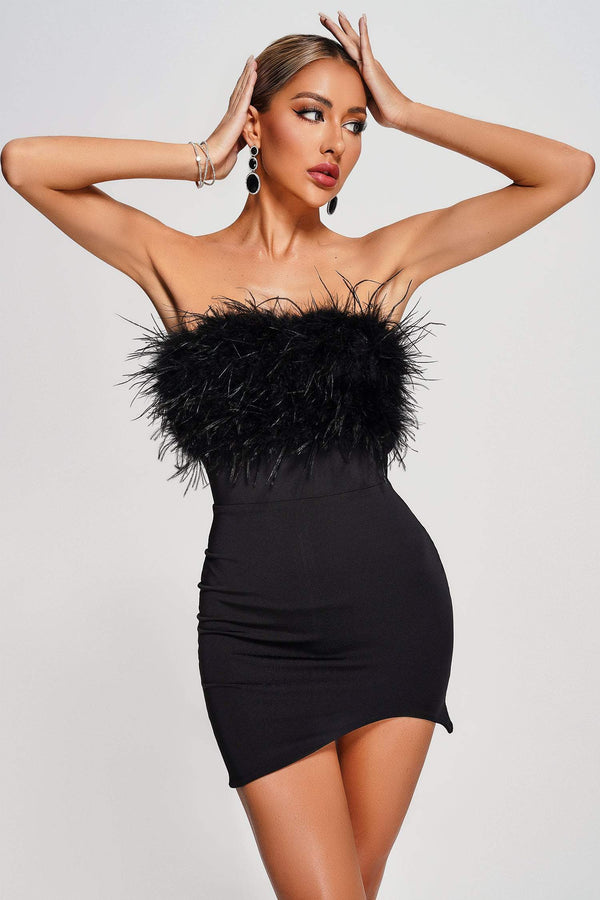 Winey Strapless Feather Mini Dress - Black