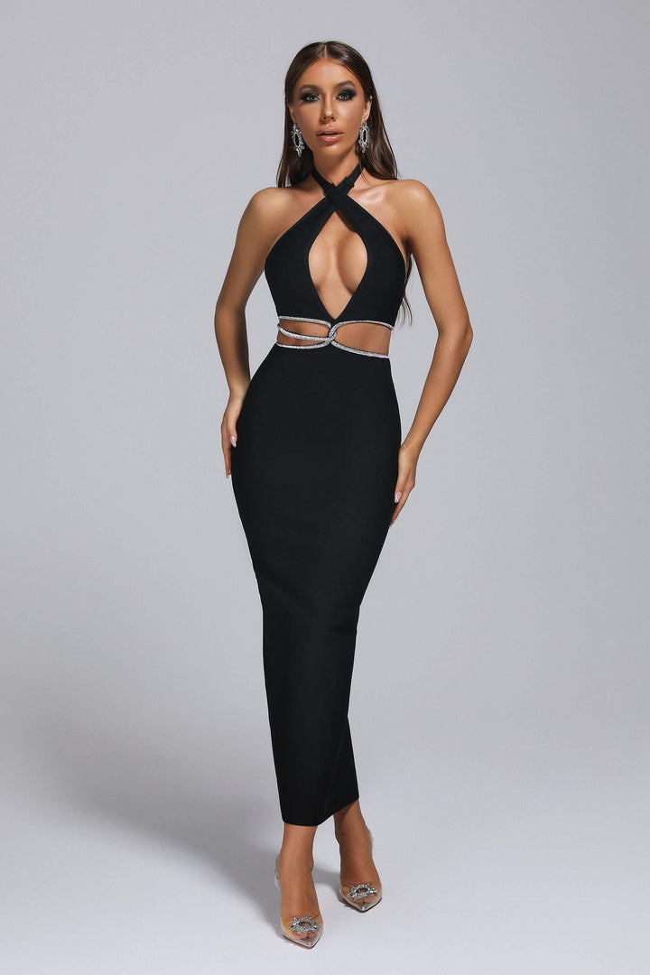 Biana Halter Rhinestone Maxi Bandage Dress - sarahselena