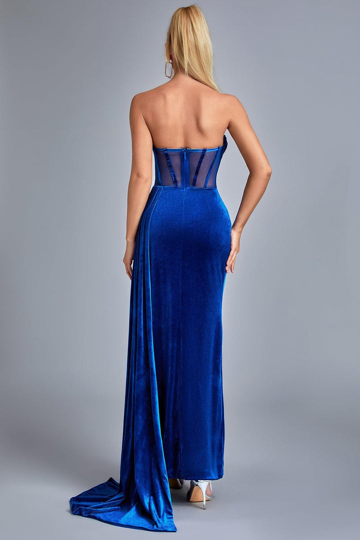 Lamva Corset Velvet Slit Maxi Dress - Blue - sarahselena