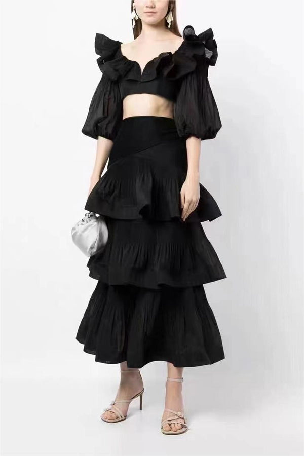 Lantern Sleeve V-Neck Ruffle Hem Midi Dress Two-piece Set Black