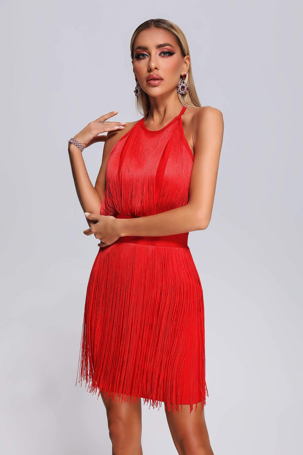 Arbenita Tassel Mini Bandage Dress - Red - sarahselena