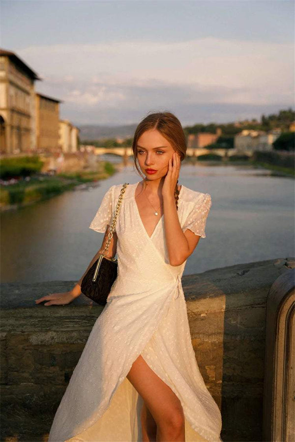 Short Sleeve V-neck Midi Dress White