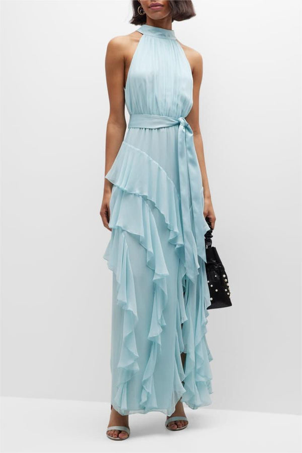 Sleeveless Ruched Lace-Up Slit Maxi Dress