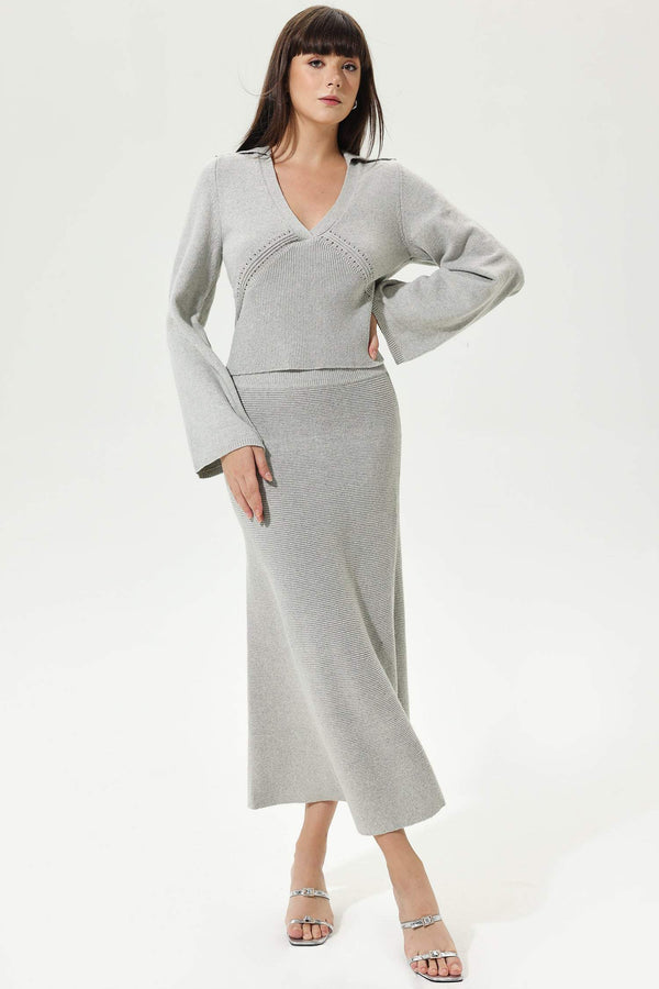 Grey Flared Sleeve V-Neck Sweater Half Dress Two-piece Set