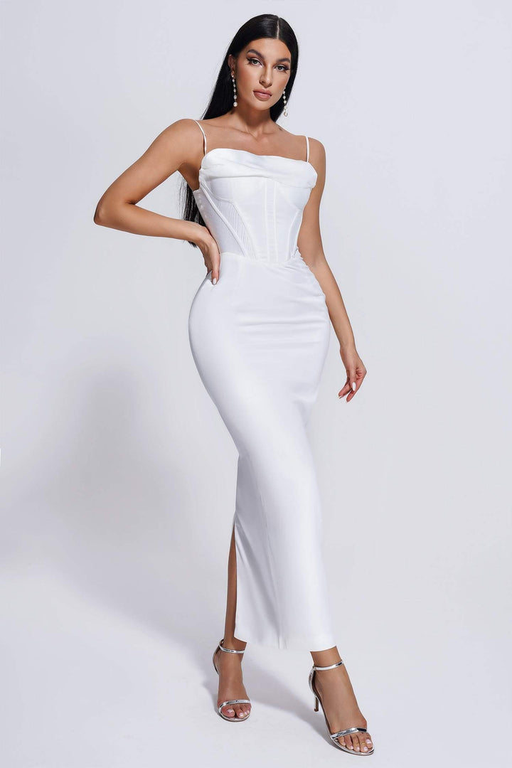 Dalila Satin Corset Midi Dress - White - sarahselena