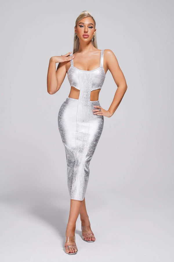 Kit Metallic Midi Bandage Dress - Silver - sarahselena