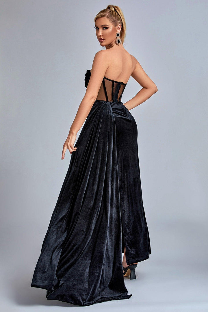 Lamva Corset Velvet Slit Maxi Dress - Black - sarahselena