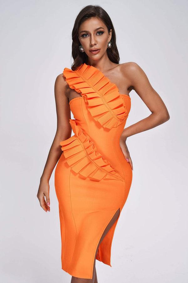 Shailee One Shoulder Midi Bandage Dress - Orange - sarahselena