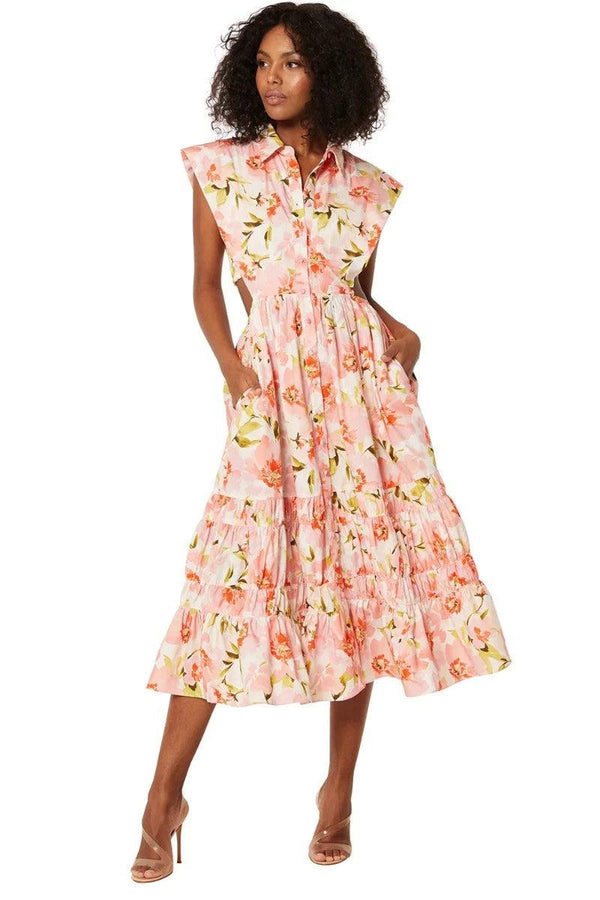 Floral Lapel Collar Buckle Smocked Elastic Midi Dress