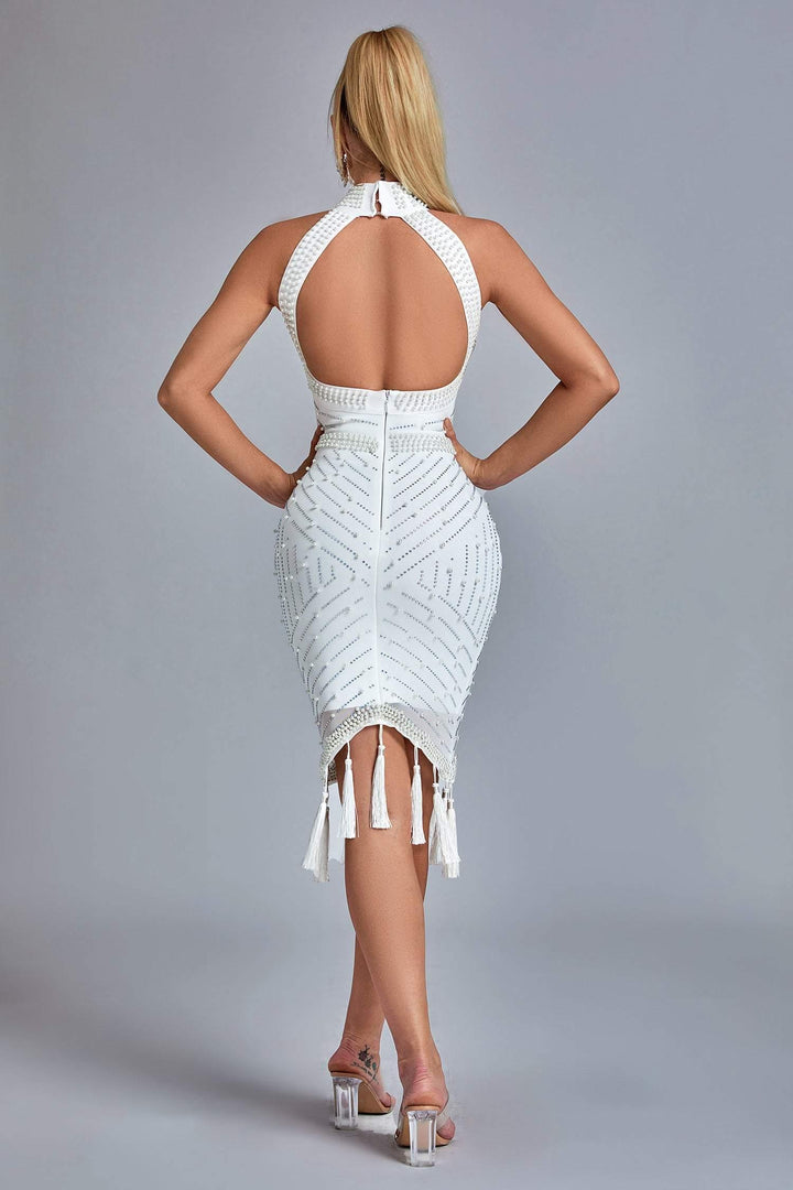 Thaliy Pearl Fringed Midi Dress - White - sarahselena