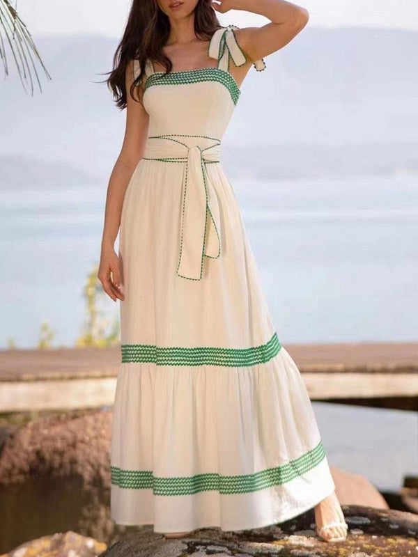 Square Collar Lace Up Bow Knot Maxi Dress