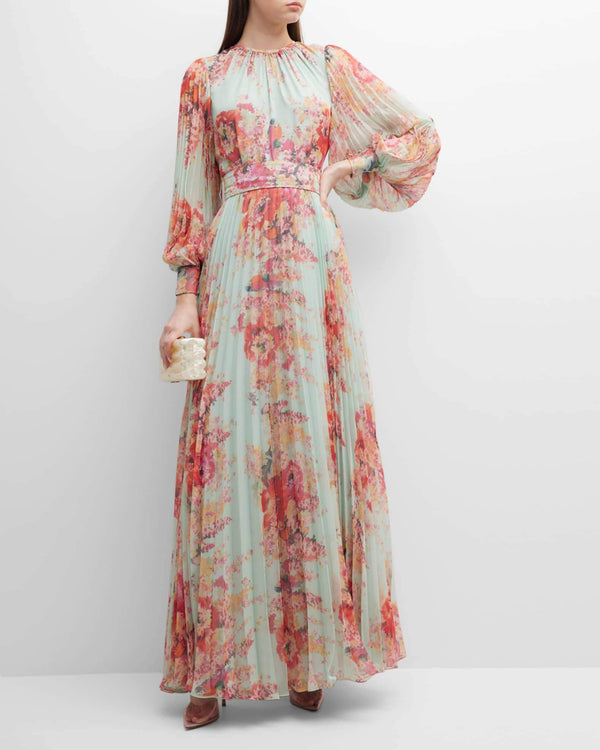 Floral Puff Sleeve Ruched Maxi Dress