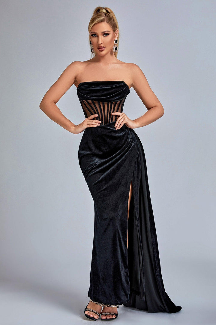 Lamva Corset Velvet Slit Maxi Dress - Black - sarahselena