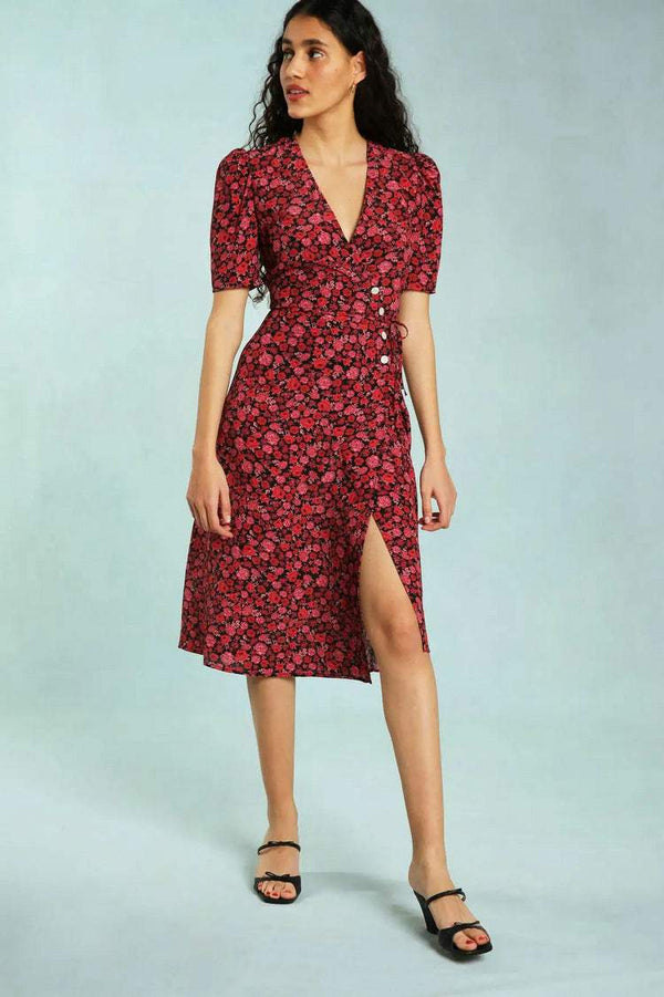 Floral Short Sleeve V-neck Midi Dress Red