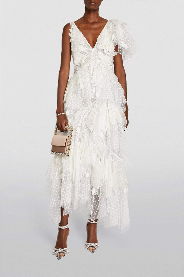 Sleeveless V-Neck Asymmetric Midi Dress White